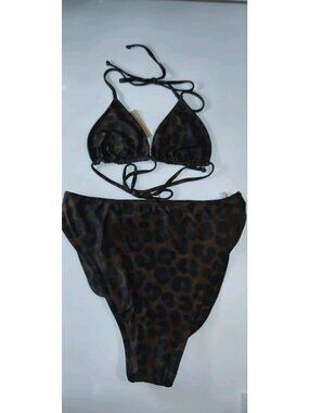 SAME Los Angeles Leopard Print Bikini Set L Triangle Top High Rise NWT